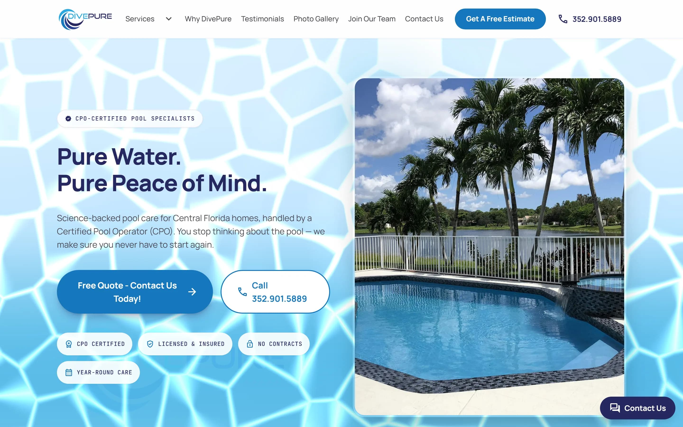 Screenshot of the DivePure Pool Care Pros website